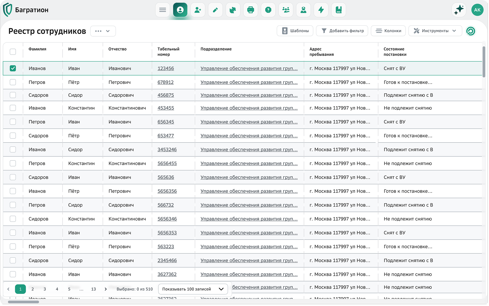 Главный реестр сотрудников
